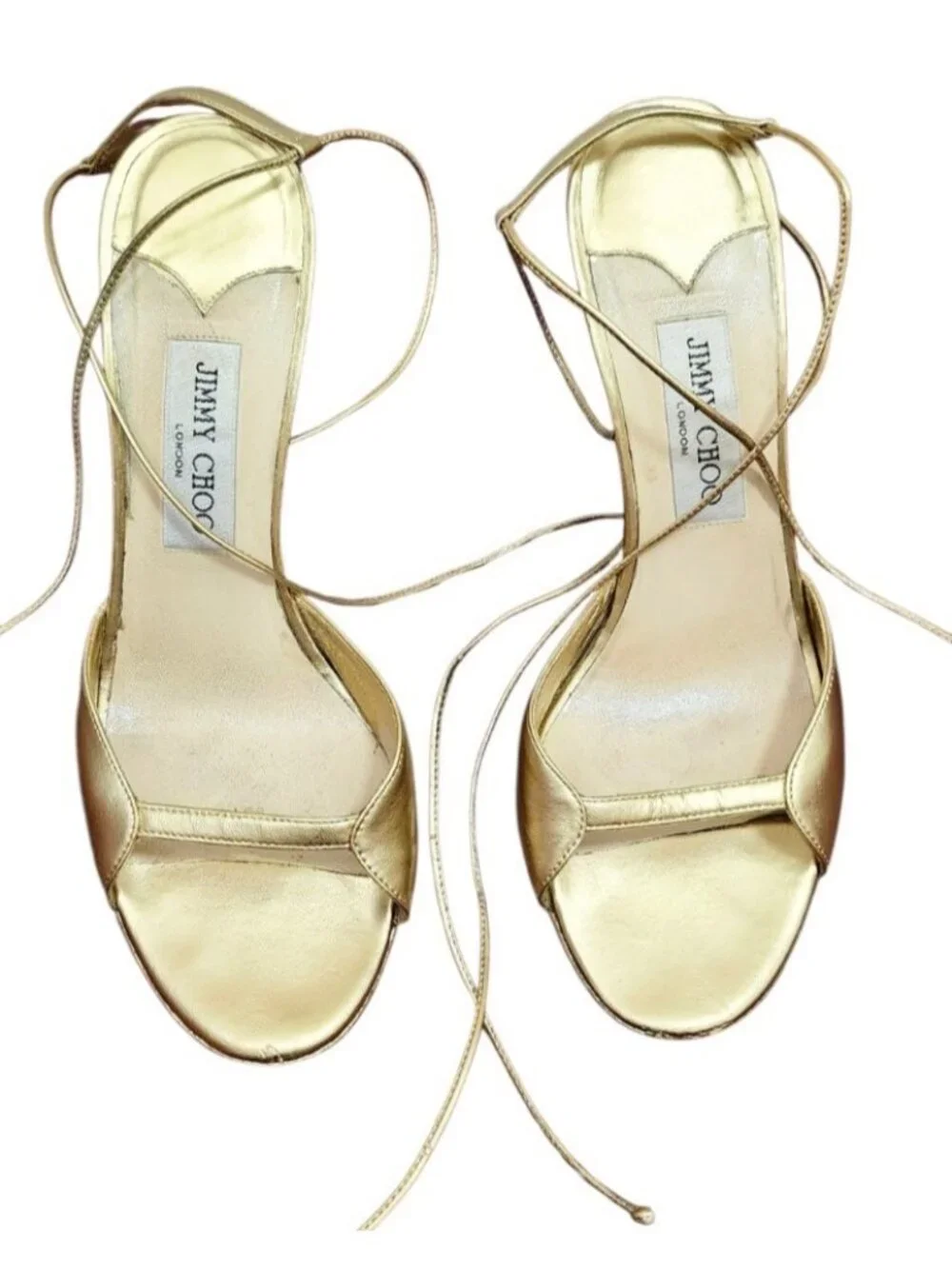 Jimmy Choo Gold Metallic Leather Lace Up Ankle Wrap Heels EU 39 US 8.5 Italy